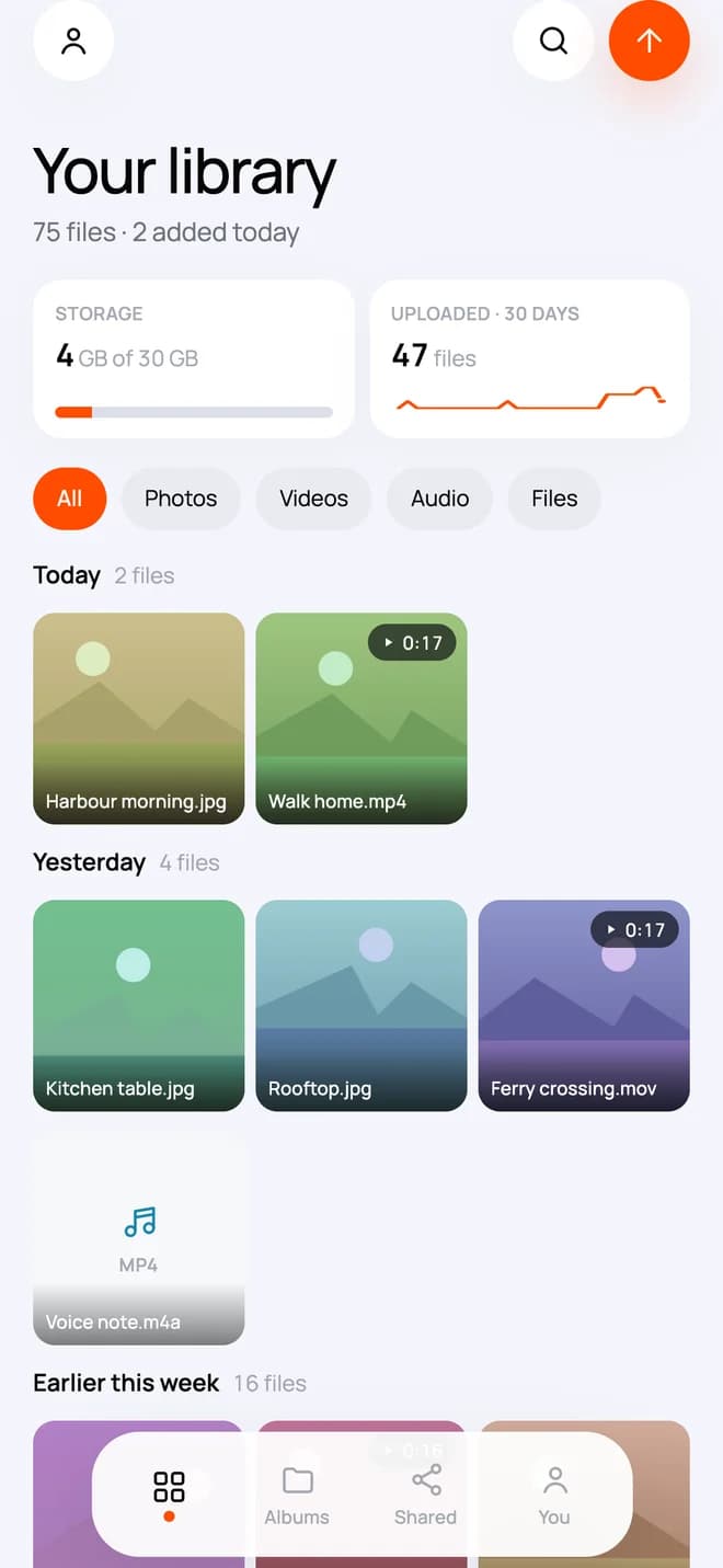 CloudWink mobile library with dated files and storage information, using demo data